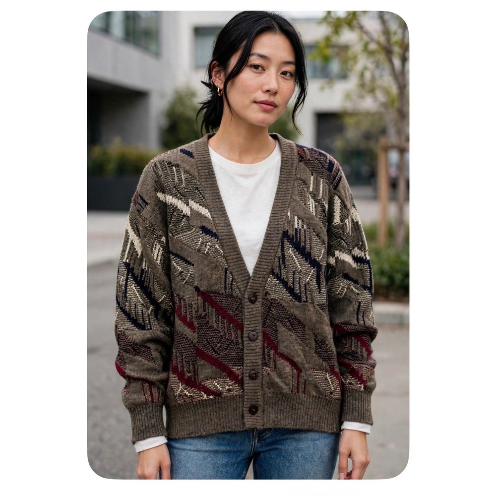 Kalaroo Australia Pure New Wool Cardigan Sweater Large Geometric 3D Knit Vintage